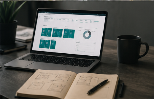 Workspace with laptop and planning notes representing Business Central and operational planning.
