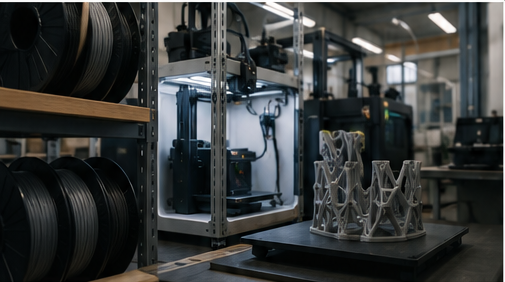 Additive manufacturing workspace with 3D printer and production materials.