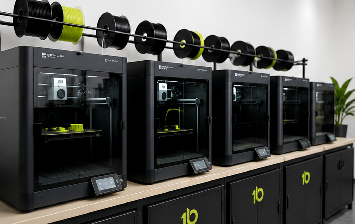Nedidelis 3D spausdintuvų parkas, paruoštas pakartotinei gamybai
