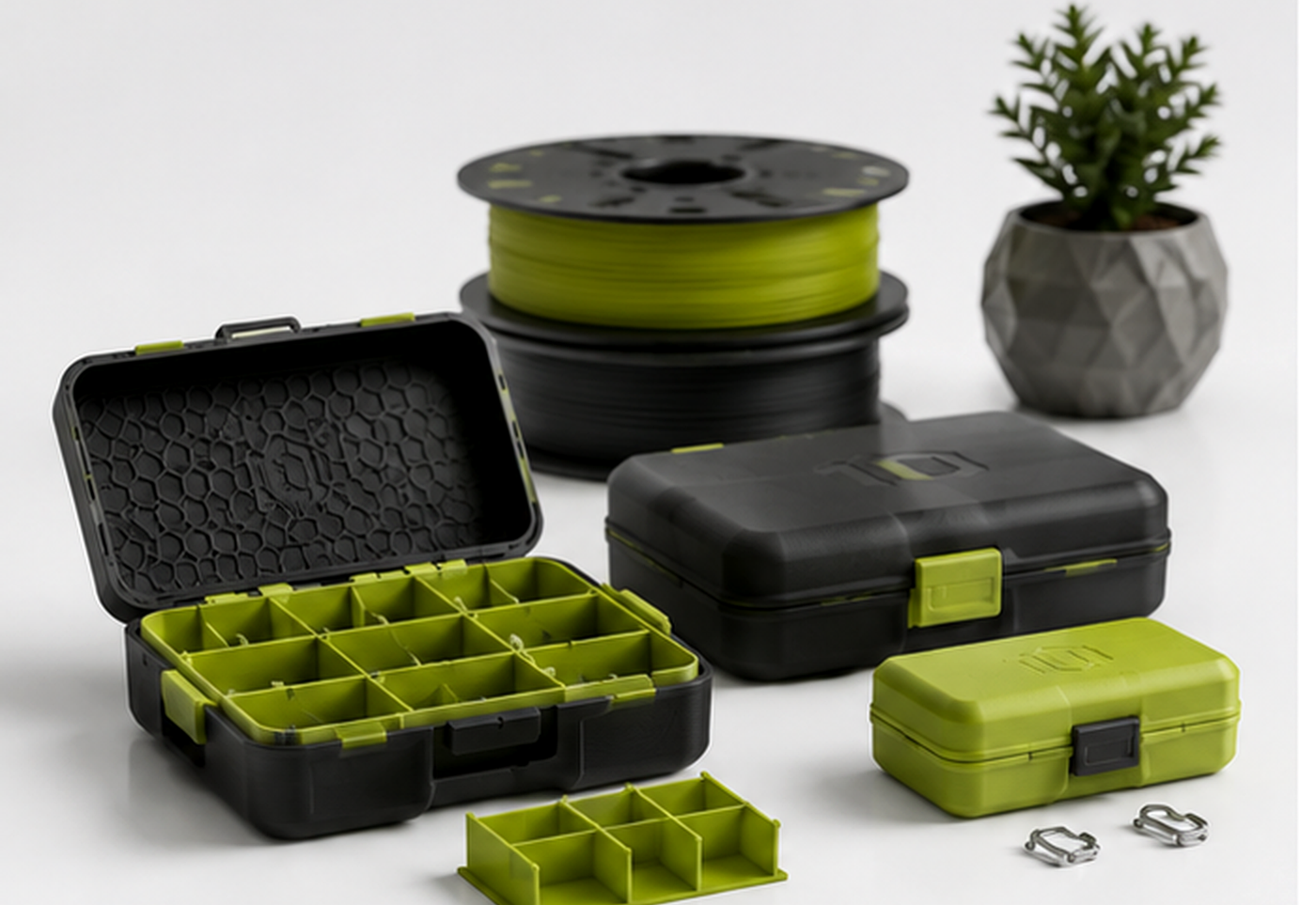 10Batch Lab product studio with modular 3D printed boxes and components