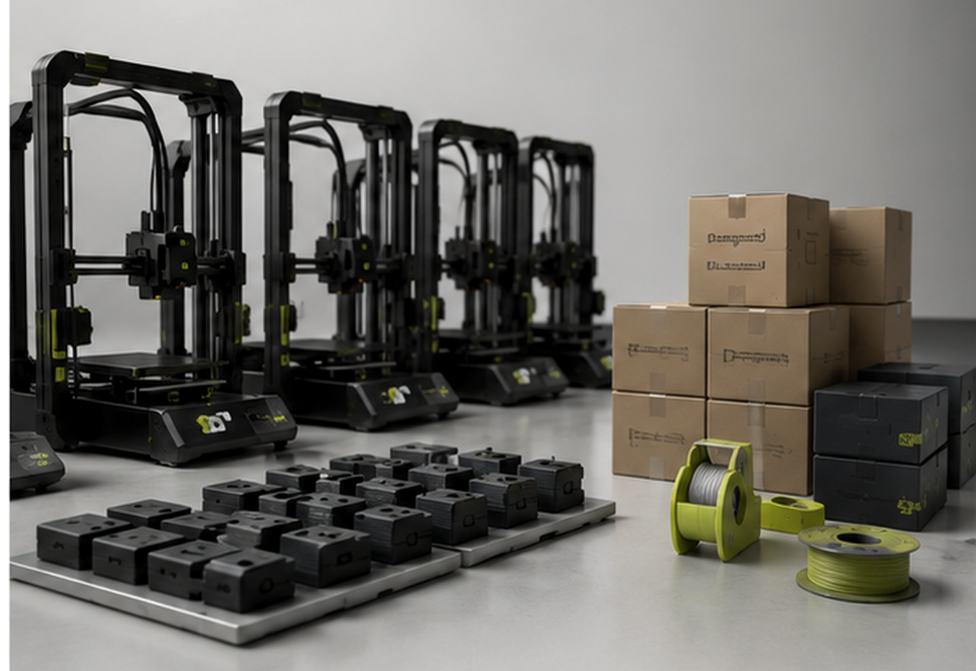 Small 3D printing production setup with batch parts, materials and packaging
